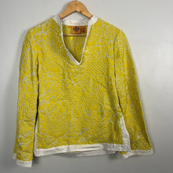 Tory Burch embroidered yellow/gold white tunic top white detailing spring luxury - Picture 1 of 8